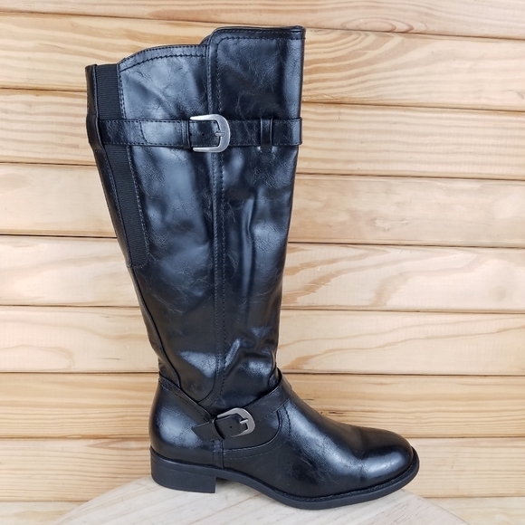 Black Riding BootS Side Zip Buckle Biker Faux Leather 6.5 W NEW Wear Ever JULIA - Picture 1 of 11